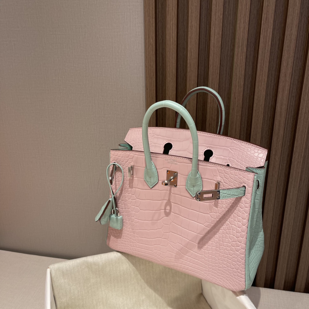 에르메스 버킨백25 핑크 민트그린 은장 악어가죽